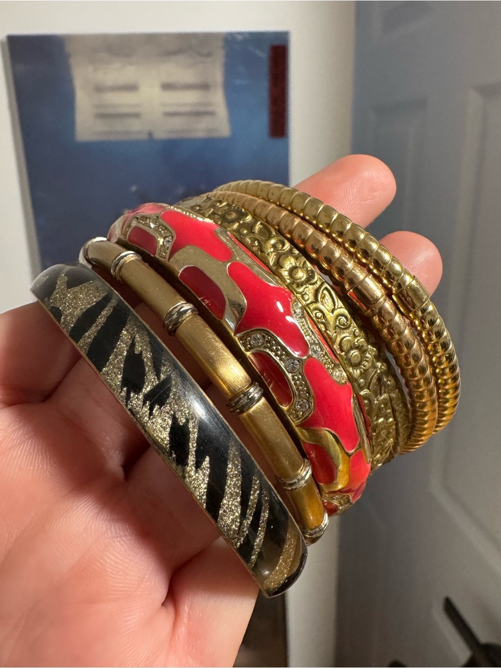 Stacked Gold and Red Women's Bangle Bracelet Set